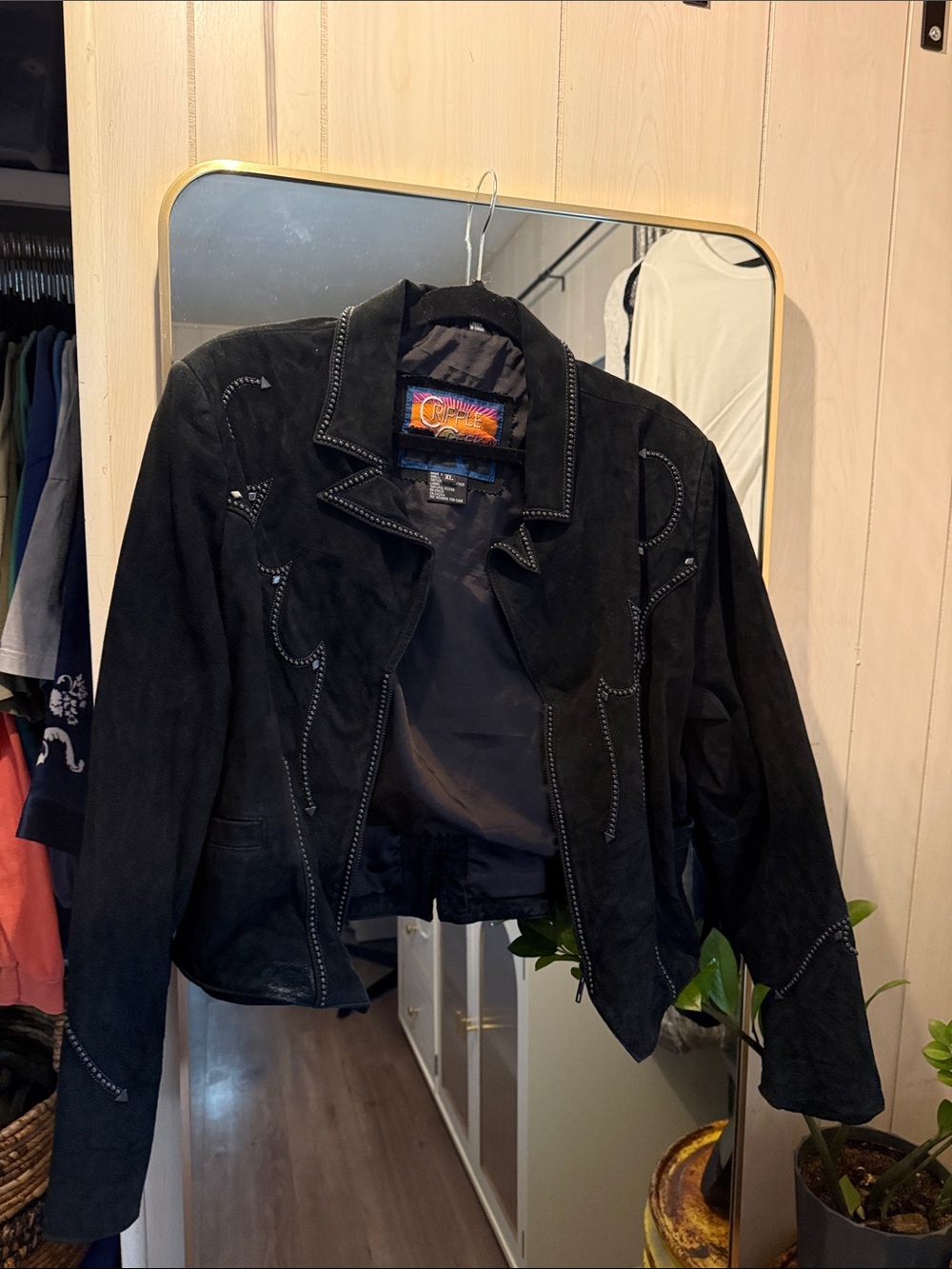 Vintage Women's Black Suede Embroidered Leather Jacket